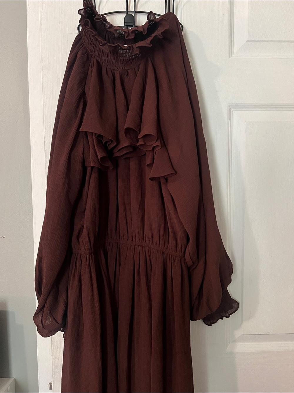 ASOS high neck ruffle chiffon maxi dress in chocolate